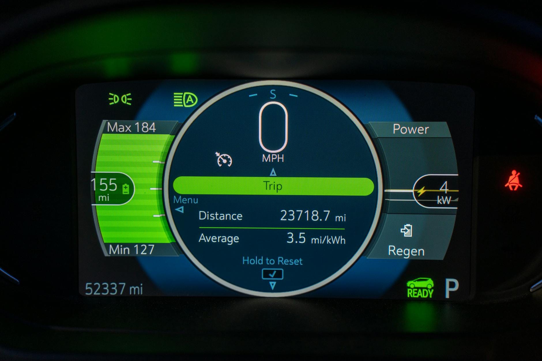 Zbliżenie cyfrowych zegarów auta elektrycznego z trybem Eco